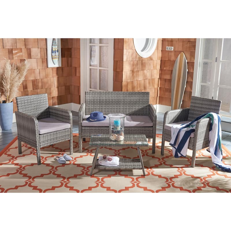 SAFAVIEH Outdoor Aboka Wicker/ Steel 4-piece Patio Conversation Set - Grey/Grey