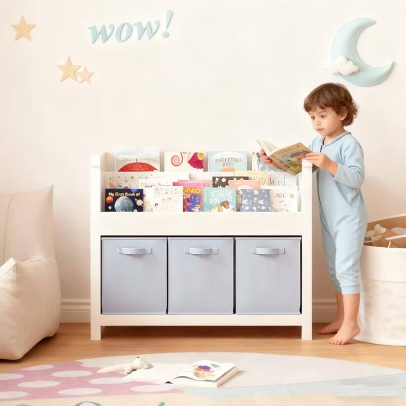 Kids Bookshelf with 3 Tier Front-Facing Storage and 3 Fabric Bins, Wooden Toddler Bookcase for Playroom, Nursery, Bedroom