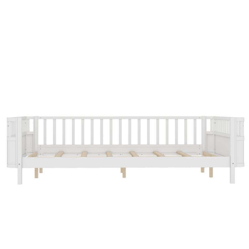 Multi Size Low Platform Bed for Kids with Rounded Corners Guardrails, Detachable Right-side Fence and Open Left-side Design