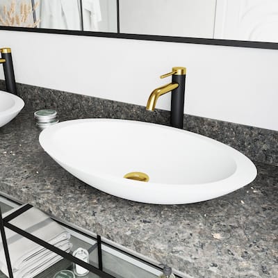VIGO Wisteria Matte Stone Vessel Bathroom Sink and Lexington cFiber Faucet in Matte Brushed Gold and Matte Black