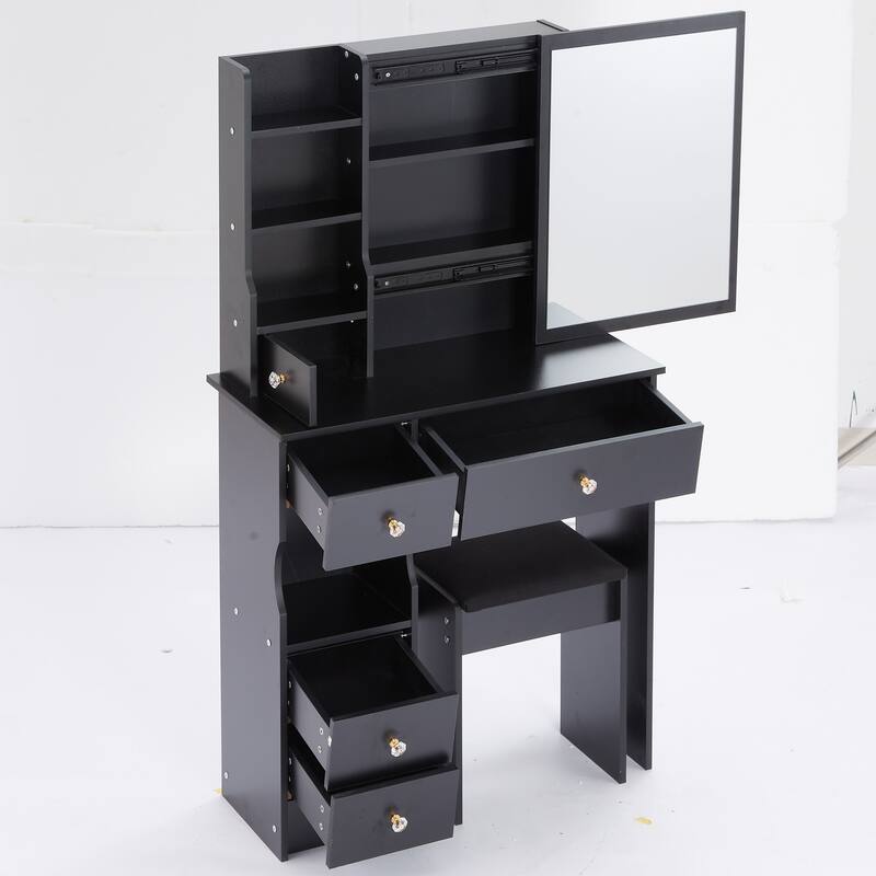 29.2" Small Space Left Drawer Desktop Vanity Table + Cushioned Stool, Extra Large Right sliding mirror