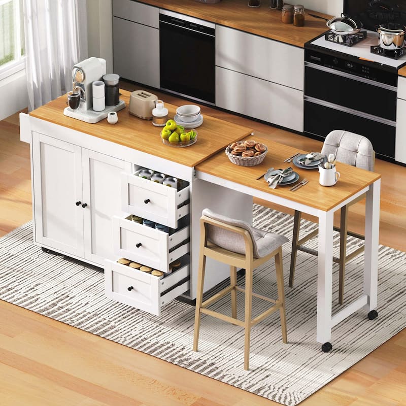 Kitchen Island with Extendable Dining Table, Kitchen Storage Cart with 3 Drawers, Power Outlet