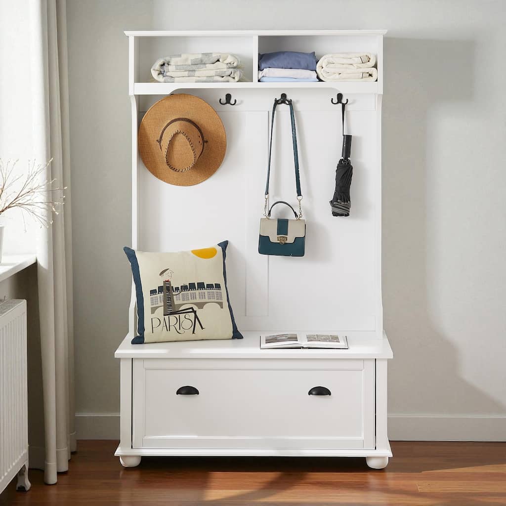 Modern Classic 64'' Hall Tree with Shoe Rack Bench, Coat Hooks & Shelves, 4-in-1 Entryway Organizer Cabinet