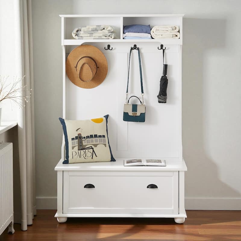 Modern Classic 64'' Hall Tree with Shoe Rack Bench, Coat Hooks & Shelves, 4-in-1 Entryway Organizer Cabinet - White