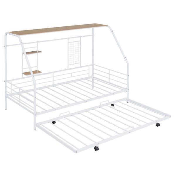 slide 2 of 14, Twin Metal House Bed with Trundle, Sturdy Bedframe w/Built-in Shelf and Grid for Kids Bedroom, Dorm, No Box Spring Needed, White White - Twin