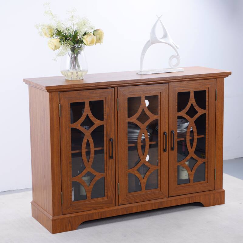 Sideboard Cabinet with 3 Tempered Glass Doors, Buffet Cabinet with Adjustable Shelf, Freestanding Wooden Storage Cabinet