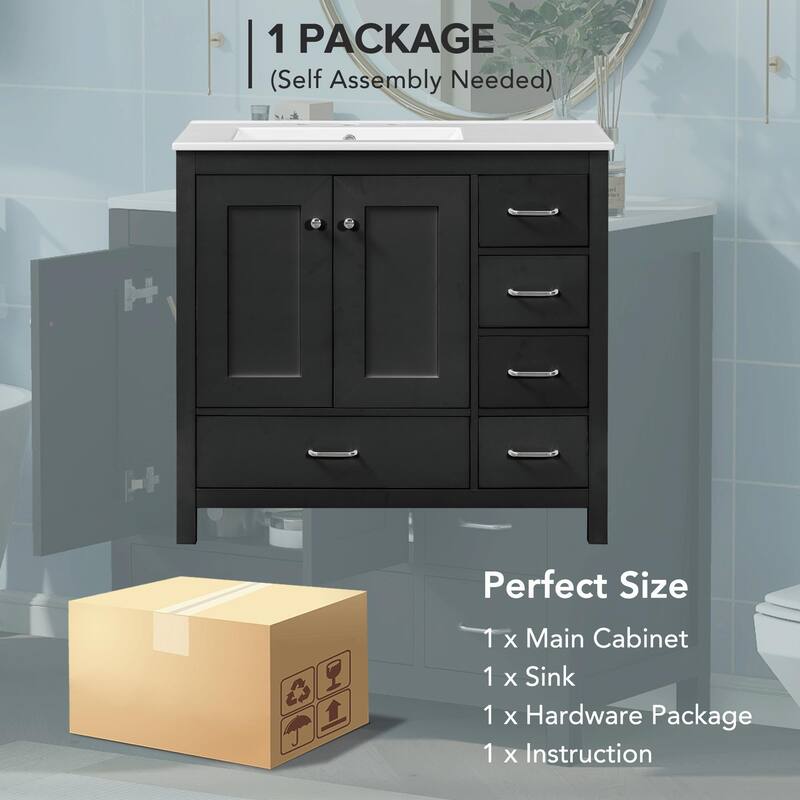 36" White Bathroom Vanity with Ceramic Sink Combo, Ample Storage Cabinet - 2 Soft-Close Doors and 5 Drawers