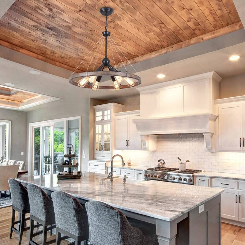 6-Light Dimmable Sputnik Chandelier, Farmhouse Wagon Wheel Chandelier for Dining Room Living Room Bedroom Kitchen