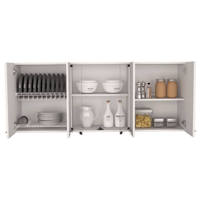 White Wall-Mounted Kitchen Cabinet - 24" H, 4 Doors, 2 Glass Panel Shelves, Dish Rack & Storage Organizer - 59.05X12.4 in
