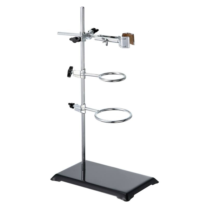 1x Lab Stand Set Laboratory Stand Support w Flask Clamp & Retort Rings - Black, Silver
