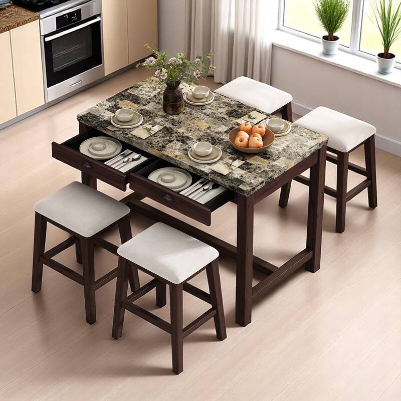 5-Piece Dining Set for 4, Counter Height Modern Kitchen Table with Storage Drawers & 4 Upholstered Chairs for Dining Room