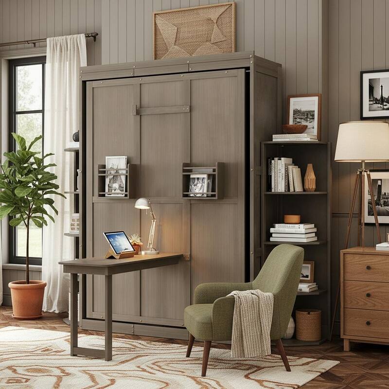 360° Rotating Queen Murphy Wall Bed with Hidden Cabinet, Fold-Down Desk & Dual 3-Tier Bookcase Towers by Harper&Bright Designs - Grey