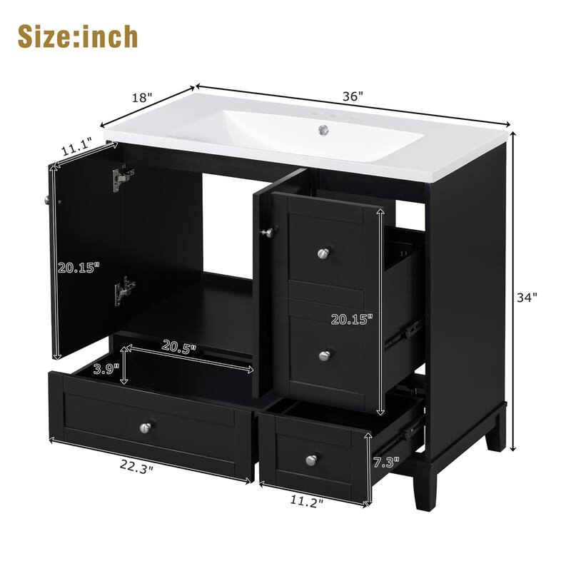 36" Bathroom Vanity with USB Charging, 3 Drawers(Faucets Not Included)