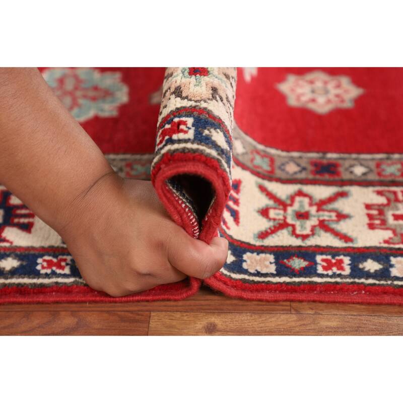 Kazak Accent Rug Hand-Knotted Red Geometric Wool Carpet - 3'4" x 5'0"