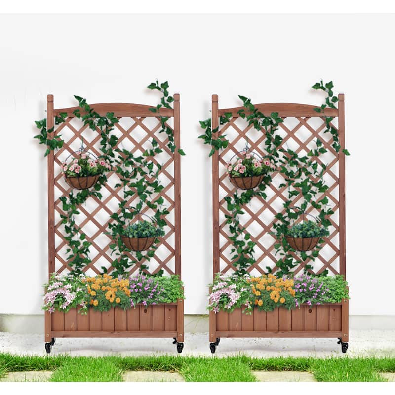 Raised Garden Bed with Trellis 2 Pack, Outdoor Wooden Planter Box & Plant Stand with Climbing Racks