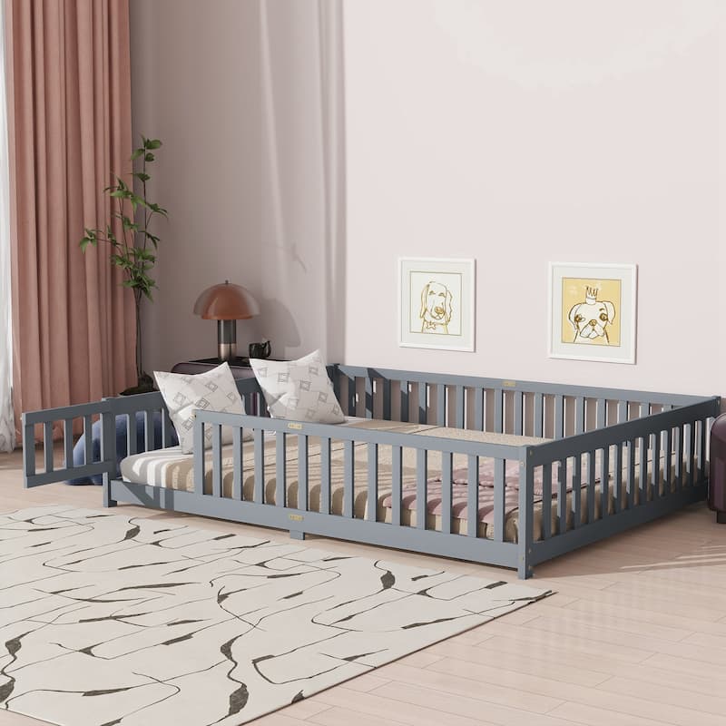 Queen Size Floor Bed with Fence,Door,Rubber Wood Floor Bed with Safety Guardrails - Grey