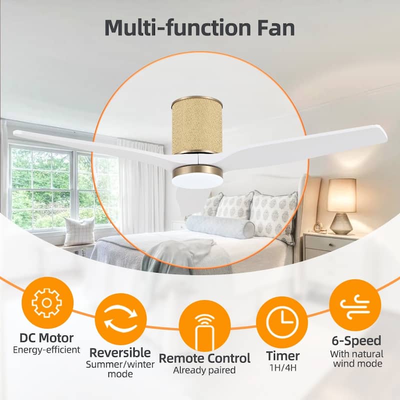 MLiAN 52 In. 3 Solid Wood Blades Flush Mount Ceiling Fan with Light Kit - 52"