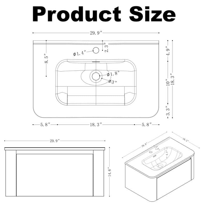 Floating Bathroom Vanity with Ceramic Sink Top Wall Mounted Cabinet