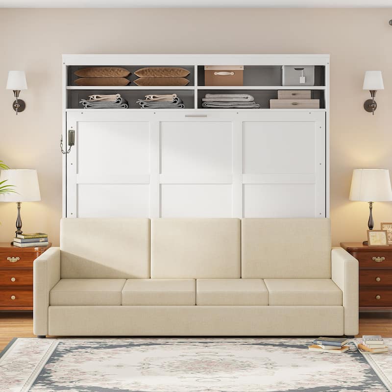 Queen Size Wall Bed with Sofa, Space-Saving Murphy Bed, White