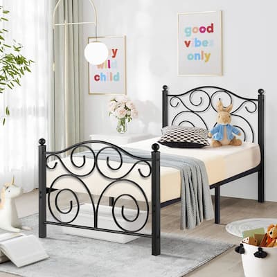 Metal Platform Bed Frame with Scroll Headboard