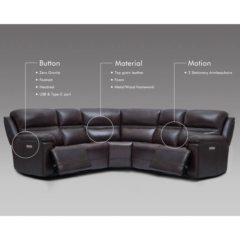 108" W Premium Genuine Leather Dual-Power Sectional Sofa with Zero Gravity, Adjustable Headrest, USB&Type-C Ports