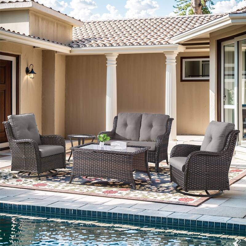 Pocassy 4 Pieces Outdoor 4 Inch Sofa Swivel Chairs Table - Gray cushion - Brown Wicker