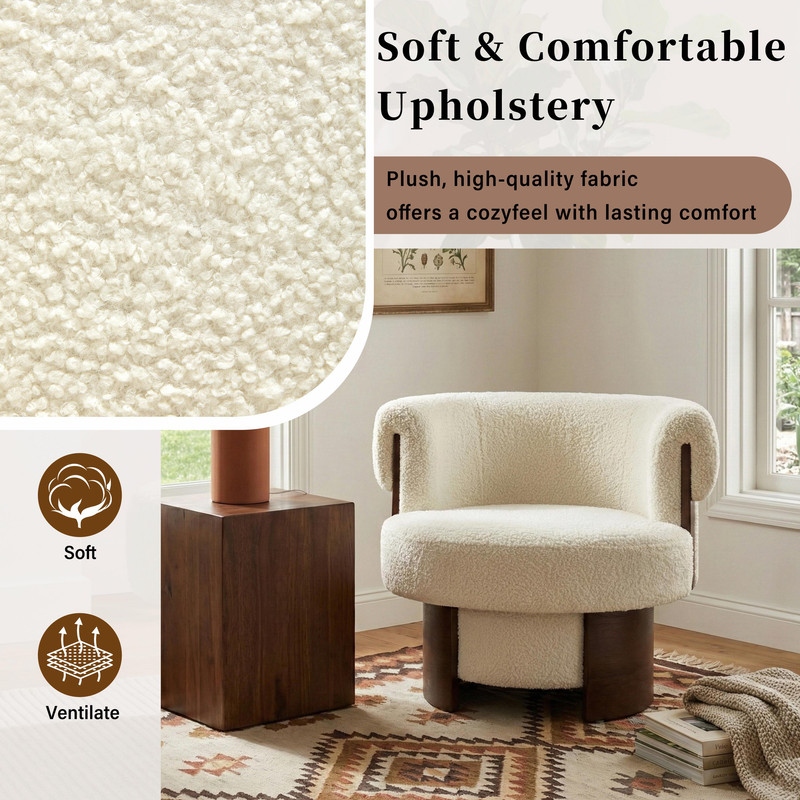 Modern 32'' Curved Sculptural Swivel Barrel Chair, 360° Swivel Base, Upholstered Accent Chair