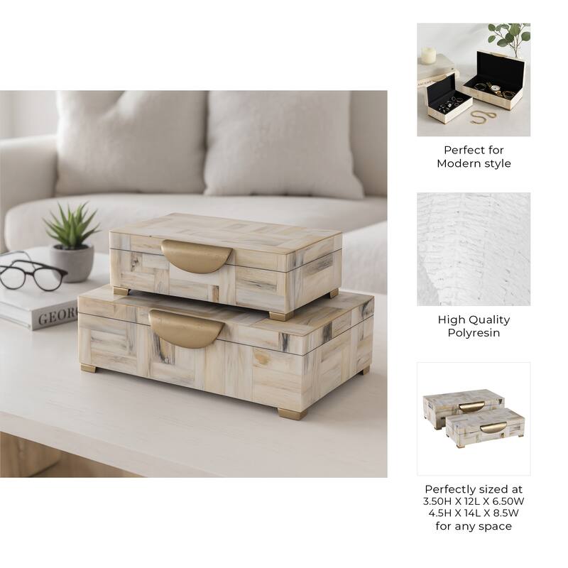 Resin Wood Decorative Boxes Handles Mosaic (Set of 2) - 5" & 4" Tan - 14" x 8.5" x 4.5"