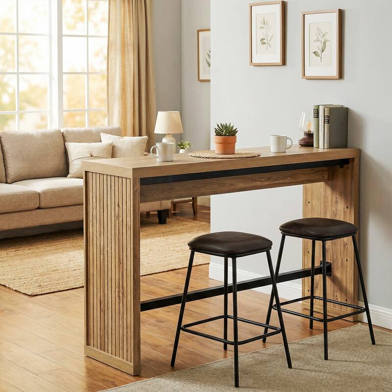 55 Inch Long Bar Height Table with Metal Foorest - 55.11" W x 15.59" D x 37.40" H - Rustic Brown