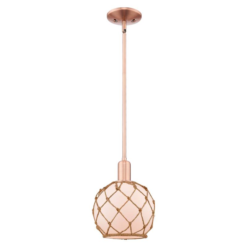 Innovations Lighting Endless Possibilities Arcadia - Farmhouse Rope - 1 Light 8" Stem Hung Mini Pendant - White Glass with Brown Rope/Antique Copper