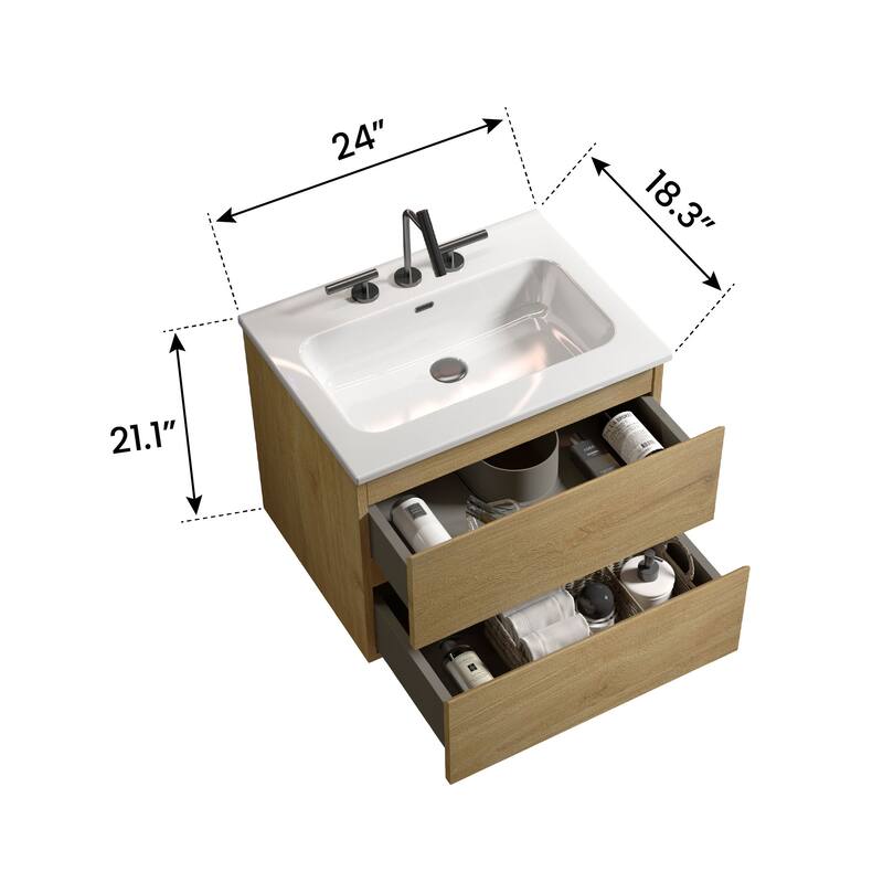 36-Inch Wall Mount Bathroom Vanity in Space Grey with Ceramic Sink, Large Storage