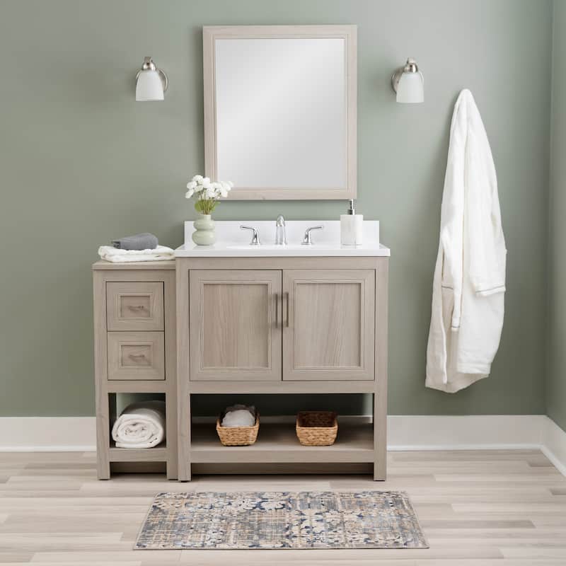 Linon Blakely Vanity with Mirror and 12-inch Side Cabinet - 31" Vanity - Sandstone