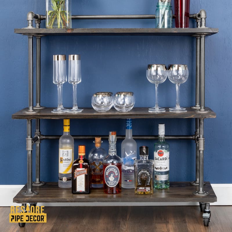 Restore by PIPE DECOR Industrial 3 Tier Solid Wood & Steel Pipe Bar Cart with Wheels