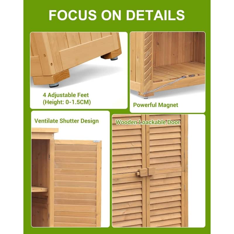Outdoor Wooden Storage Cabinet with Waterproof Roof Shelves, Louvered Double Doors