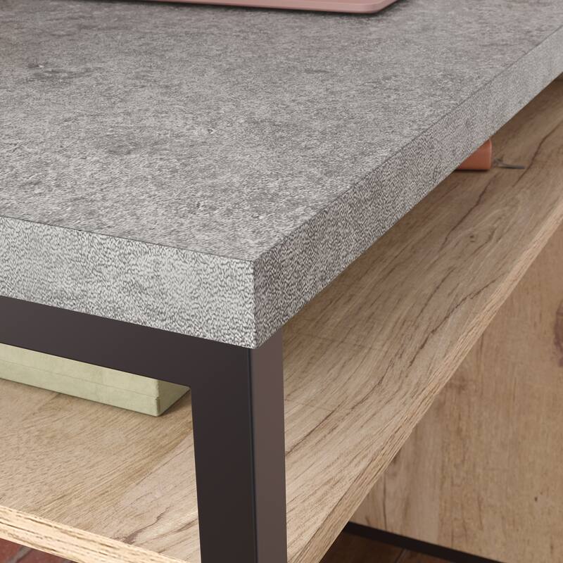 Wood Industrial Desk with Large Work Surface and Side Cabinet