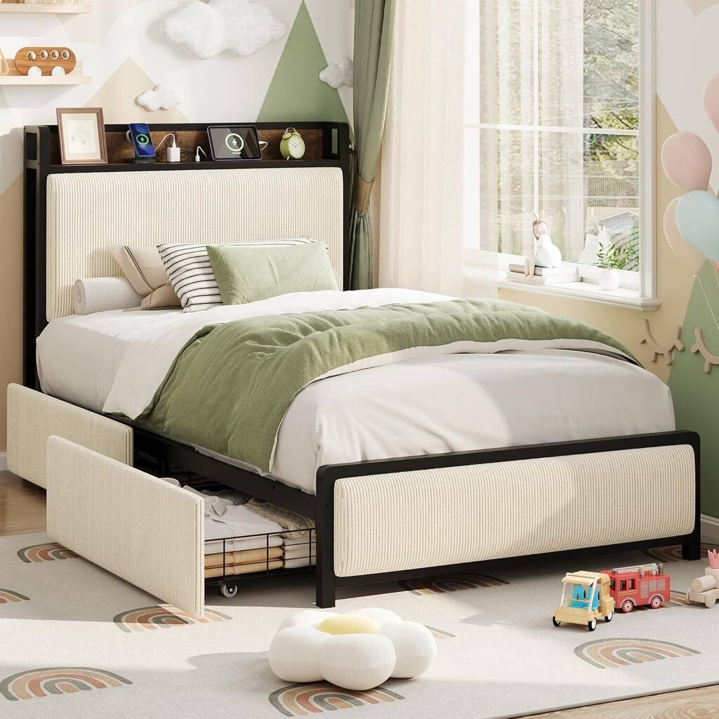 Twin Size Platform Bed Frame with 2 Storage Drawers and Charging Station