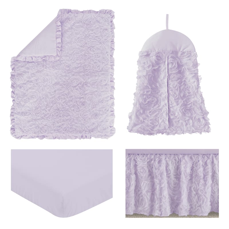 Purple Floral Rose Girl 4pc Nursery Crib Bedding Set - Solid Lavender Flower Luxurious Elegant Princess Vintage Boho Shabby Chic