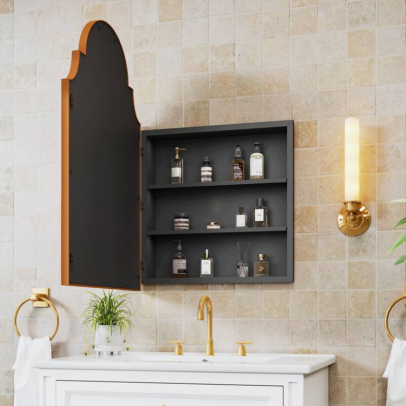 Retro Metal Arched Medicine Cabinet Wall Mount Bathroom Mirror with Storage Adjustable Shelves - 29.9" x 19.7"