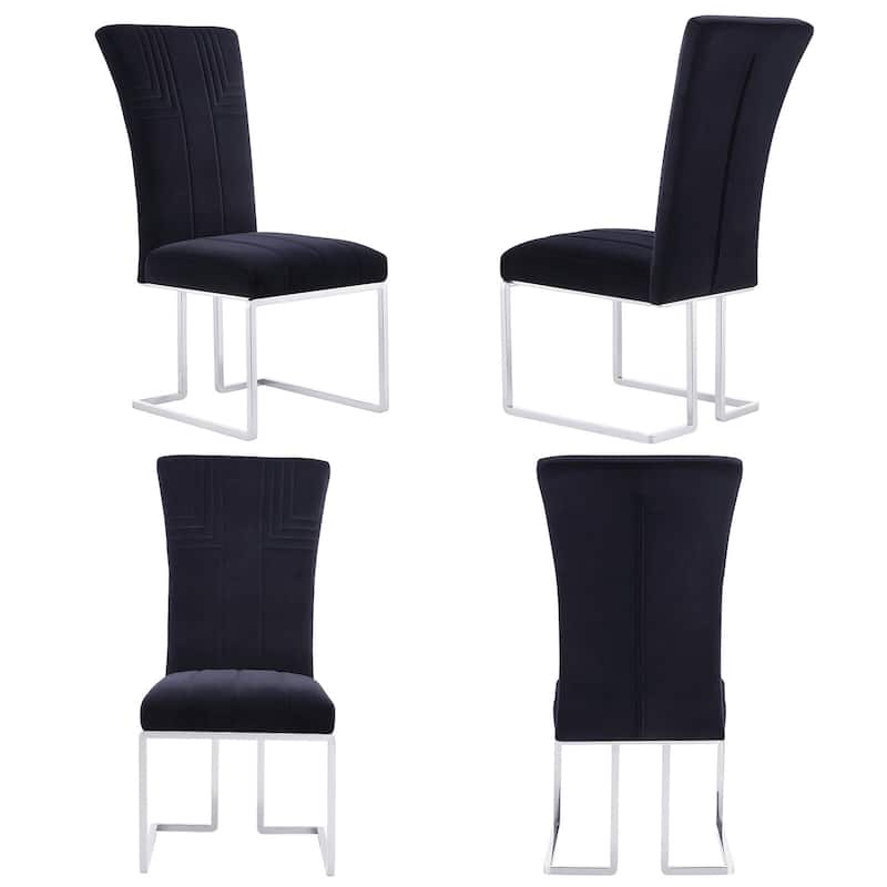 Modern Black Velvet Dining Room Chairs with Mirrored Silver Sled Legs - Set of 4