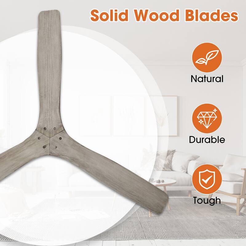 54" Farmhouse Solid Wood 3-Blade DC Reversible Ceiling Fan with Remote, No Light