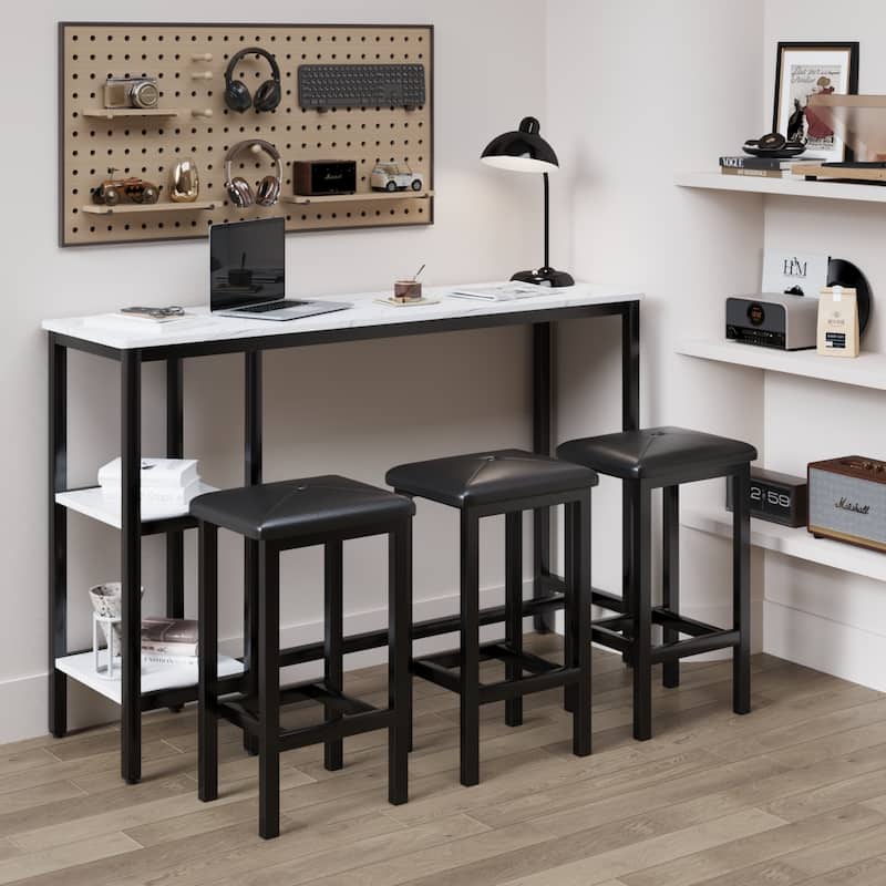 3-People Counter Heihgt Dining Set w/Storage, 4 Piece Kitchen Bar Table Set w/3 Upholstered Stools