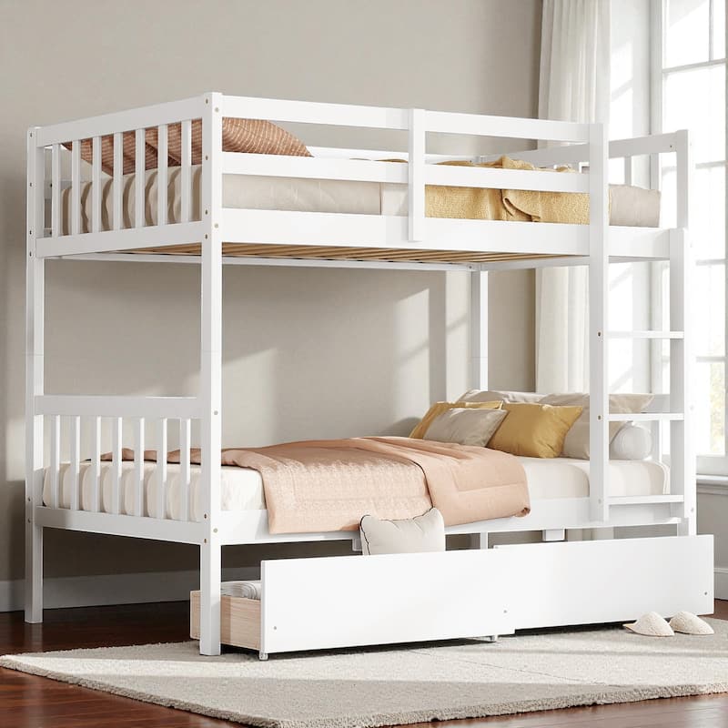Twin Over Twin Rubber Wood Bunk Bed with 2 Drawers, Convertible into 2 Twin Beds, Ladder and Safety Guardrails