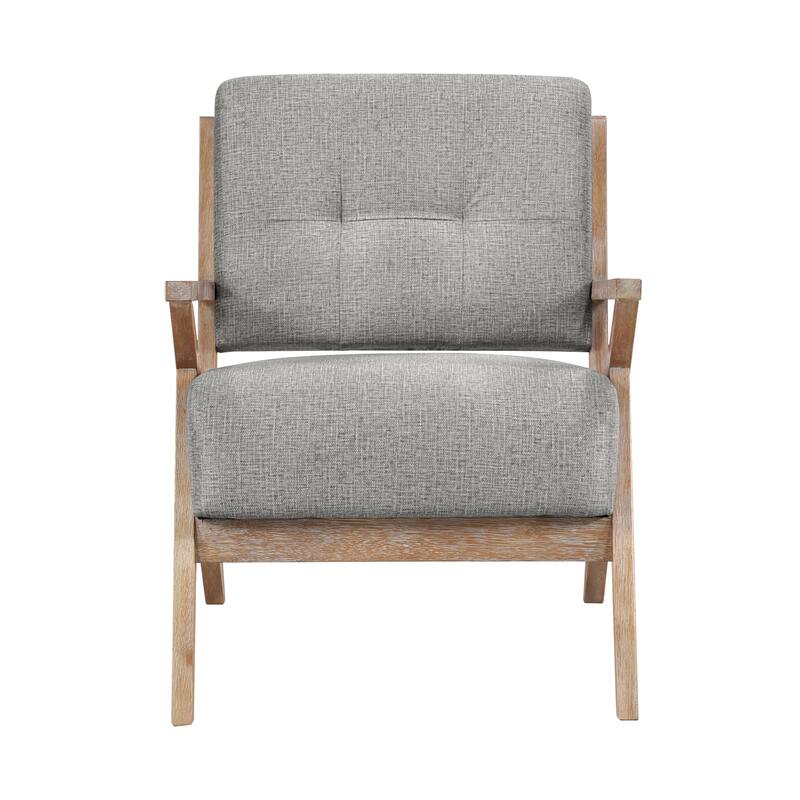 Unique Design Fabric Armchair with Antique Natural Finish and Tufted Back