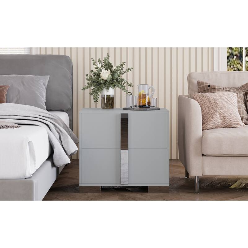 Modern End Table with Drawers, Elegant Nightstand with Metal Foot,Wood Bedside Table with Mirrored Metal Handles