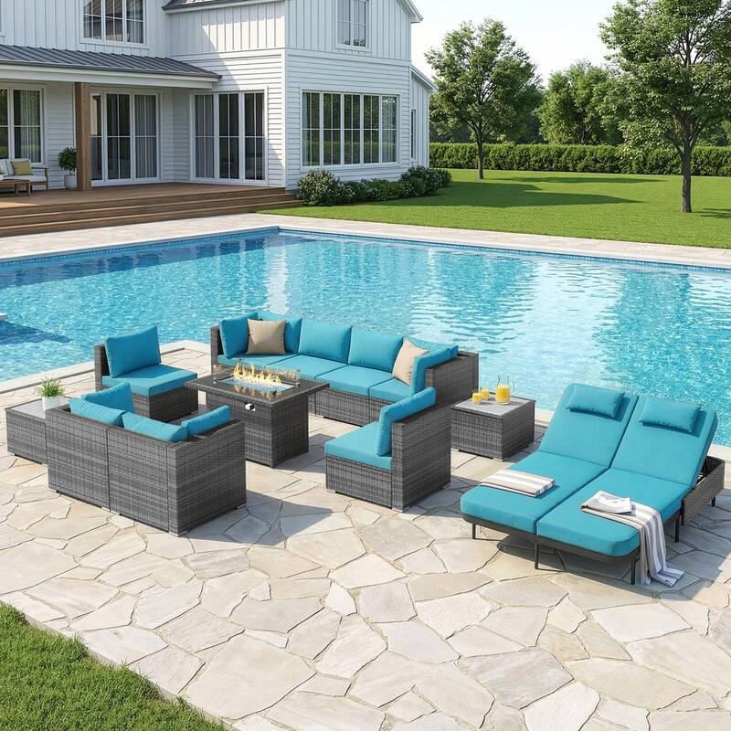 Outdoor Sectional Conversation Set PE Wicker with Double Chaise Lounge, 60,000 BTU Fire Pit Table - 12-Piece/Table - Teal