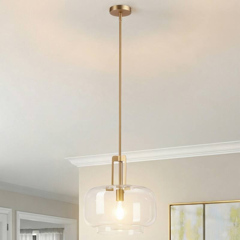 15" Modern Brushed Gold Drum Clear Glass 1-Light Adjustable Pendant Hanging Light - N/A