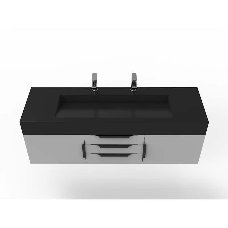 Nile 60" Wall Mounted Bathroom Vanity Set w/ Black Top