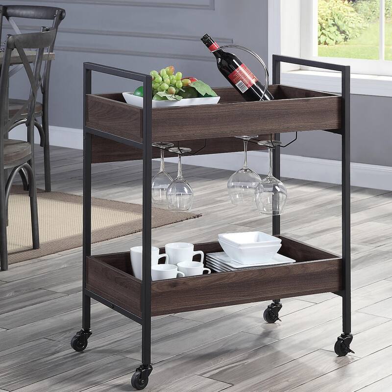 Rectangular Serving Cart with 2 Tier Shelf, Walnut and Black - Black