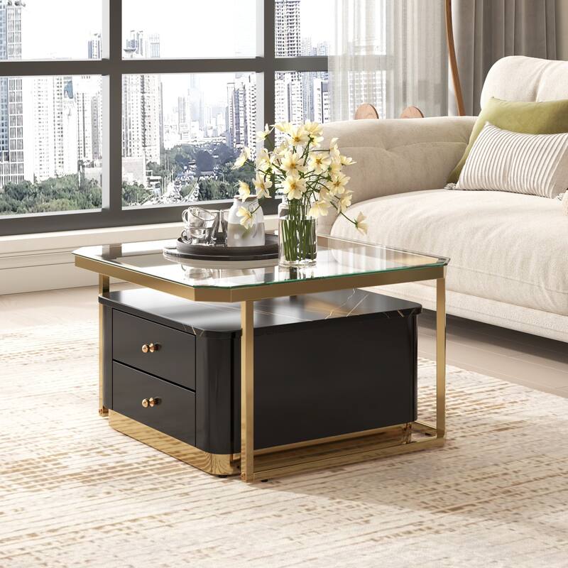 Modern 2 Pieces Square Nesting Coffee Table with Drawers