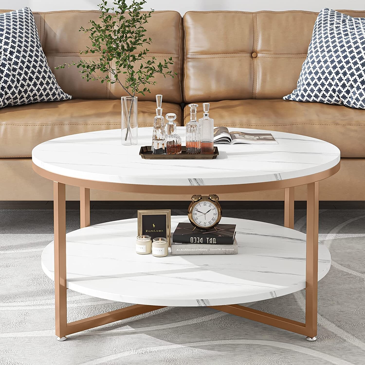 Two Tier Round Faux Marble Modern Coffee Table with Metal Legs and Open Storage Shelf for Living Room White Gold Bed Bath Beyond 37593803